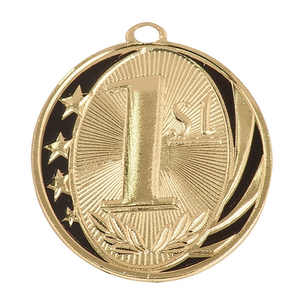 bright gold soccer medal 2" diameter on wide white neck drape 